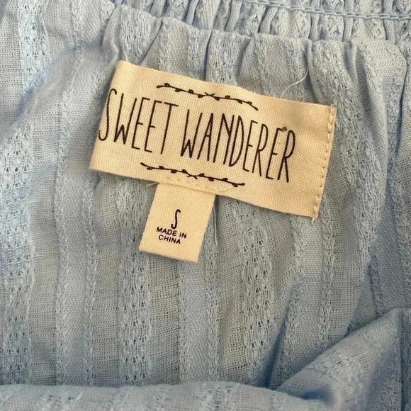 💥🆕 Sweet Wander Cold Shoulder Ruffle Top Blue S🆕 - Picture 5 of 7